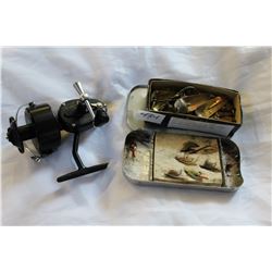 LOT OF FISHING FLIES AND LURES AND MITCHEL SPINNING REEL