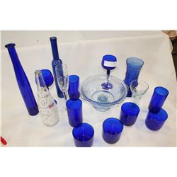 SHELF LOT OF BLUE COBALT AND DEPRESSION GLASSWARE