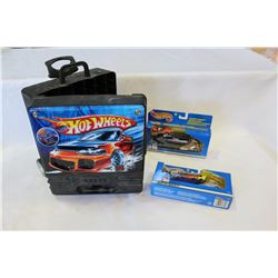 LOT OF HOT WHEELS IN BOXES AND HOT WHEEL CAN