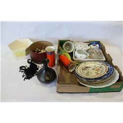 TRAY OF VINTAGE ESTATE CHINA AND TIN OF DECORATIVE TABLE WARE