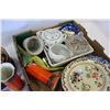 Image 2 : TRAY OF VINTAGE ESTATE CHINA AND TIN OF DECORATIVE TABLE WARE