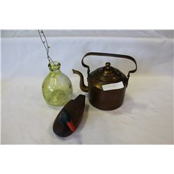 LOT OF COPPER POT AND DUCK DECOY AND BEE CATCHER