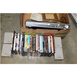 BOX OF DVDS SPEAKERS AND DVD PLAYER