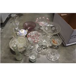 BOX OF GLASS SERVING PIECES AND EMPIRE SUGAR BOWL