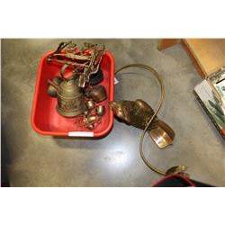 LOT OF BRASS BELLS AND BRASS PARROT ON STAND