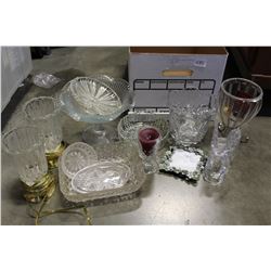 BOX OF GLASS SERVING PIECES AND LAMPS