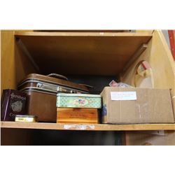 VINTAGE TRAVEL VANITY CASE AND VINTAGE TINS AND JEWELLRY MAKING SUPPLIES