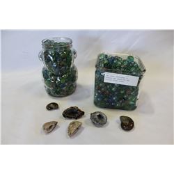 TWO GLASS CONTAINERS OF MARBLES AND AMMONITES AND CRYSTAL ROUGH STONES