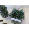 Image 2 : TWO GLASS CONTAINERS OF MARBLES AND AMMONITES AND CRYSTAL ROUGH STONES