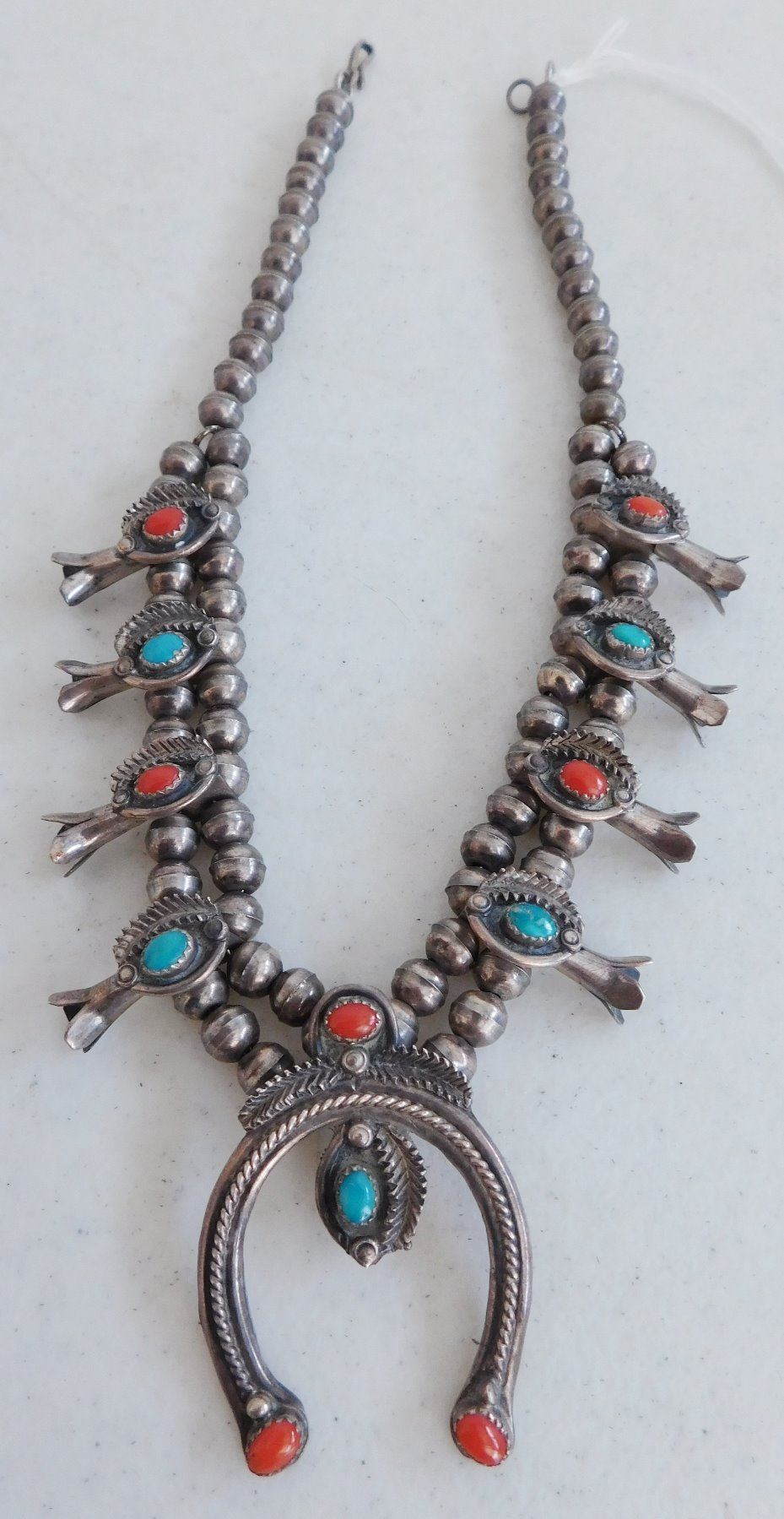 Petite Coral & Turquoise Squash Blossom Necklace