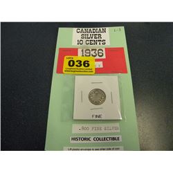 canadian silver dime coin 1936