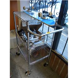 STAINLESS 4 WHEEL ROLLING CART AND CONTENTS