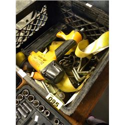 CRATE OF MISC TOOLS INCLUDES BOSTITCH NAILER/TIE DOWWN STRAPS