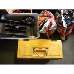 2 BAGS OF ABSORBENT/YELLOW TOOLBOX/TUB OF MISC