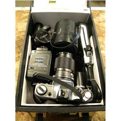 CANON 35 MM CAMERA WITH FLASH/LENS/ETC