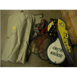 BAG OF TENNIS RACKETS/SAFETY HARNESS/ETC