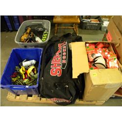 PALLET OF DOG POO BAG CARRIERS/HOCKEYBAG WITH CONTENTS/SAFTEY HARNESSES/TOTE OF TOOLS
