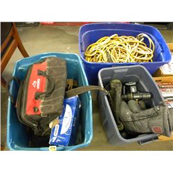 3 LARGE TOTES OF CARPENTERS POUCHES/CORDLESS TOOLS/CORDS