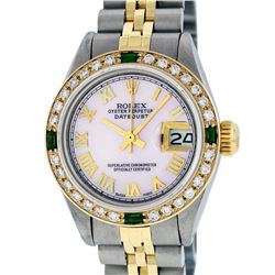 Rolex Ladies 2T Pink MOP Roman Emerald And Diamond Datejust Wristwatch