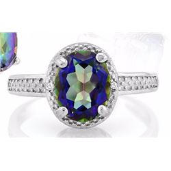 RING - 1.85 CT OVAL FACETED OCEAN MYSTIC GEMSTONE & DIAMOND IN 925 STERLING SILVER SETTING - INCUDES