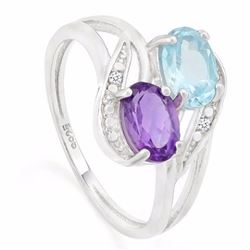 RING - 1CT OVAL FACETED BABY SWISS BLUE TOPAZ & 3/4 CT OVAL FACETED AMETHYST & 2 DIAMONDS IN 925 STE