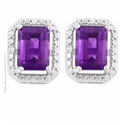 EARRINGS - 1.6 CTW OCTAGON FACETED AMETHYST & 2 DIAMONDS IN 925 STERLING SILVER SETTING - RETAIL EST