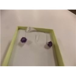 EARRINGS - 2CT ROUND FACETED AMETHYST IN STERLING SILVER STUD DESIGNED SETTING - RETAIL ESTIMATE $35