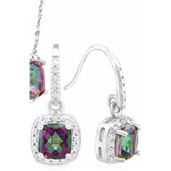 EARRINGS - 1.4 CTW EMERALD FACETED MYSTIC TOPAZ & 2 DIAMONDS IN 925 STERLING SILVER SETTING - RETAIL