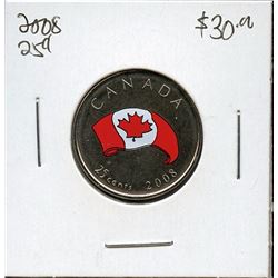 2008 25¢, Canadian flag commemorative coin from Oh! Canada RCM set, uncirculated.