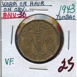 1943 5¢ worm on hair on obv., VF for grade.