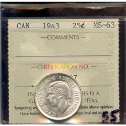 1943 25¢, ICCS MS-63.
