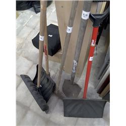 3 SNOW SHOVELS, 1 SPADE, METAL RAKE