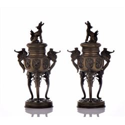 Two Chinese Bronze Foo Dog And Phoenix Incensors.