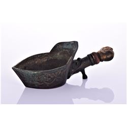 Chinese Bronze Hand Pressing Iron With Carved Wood
