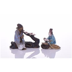 Two Chinese Mud Men Glazed Figures Of A Philosophe