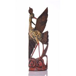 Vintage Chinese Hand Painted Wood Stork, Lined Wit