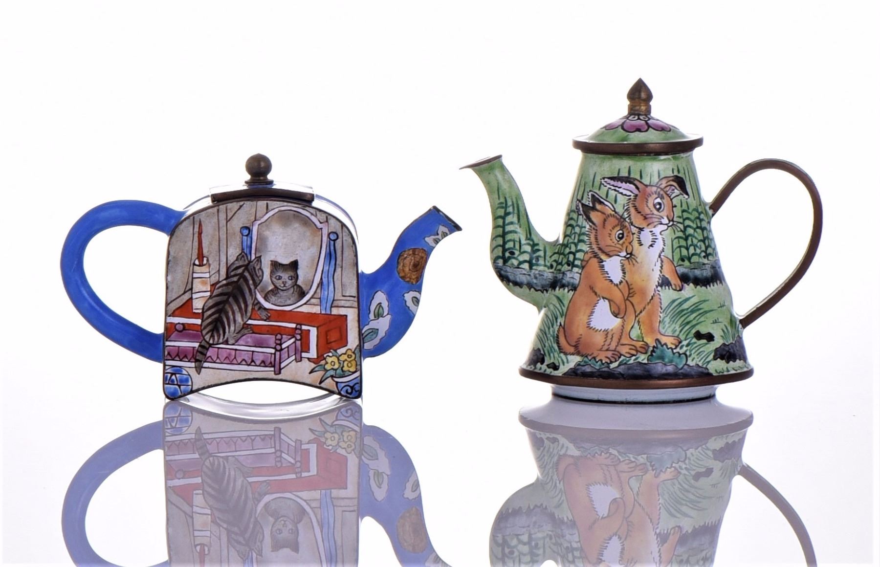 Miniature Enamel Teapot Bibelot, depicting Rabbits
