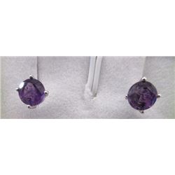 EARRINGS - 2CT ROUND FACETED AMETHYST IN STERLING SILVER STUD DESIGNED SETTING - RETAIL ESTIMATE $35