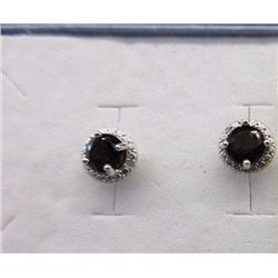 EARRINGS - ROUND FACETED BROWN SMOKEY TOPAZ & DIAMONDS IN STERLING SILVER SETTING - POST & BUTTERFLY