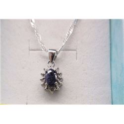 NECKLACE - OVAL FACETED BLUE SAPPHIRE & DIAMOND IN STERLING SILVER SETTING - RETAIL ESTIMATE $350
