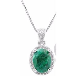 PENDANT - 2 1/3 CT OVAL FACETED EMERALD & GENUINE DIAMONDS IN PLATINUM OVER 0.925 STERLING SILVER SE