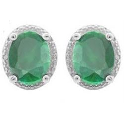 EARRINGS - 4 2/3 CTW OVAL FACETED EMERALD & 2 GENUINE DIAMONDS IN PLATINUM OVER 0.925 STERLING SILVE