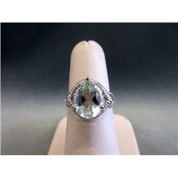 RING - EXTRA LARGE 4CT PEAR FACETED GREEN AMETHYST & 2 DIAMONDS IN STERLING SILVER SETTING - INCLUDE