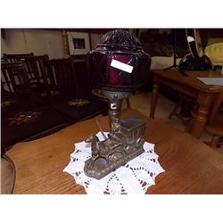 VINTAGE HORSE & WAGON LAMP - BRASS & CRANBERRY GLASS