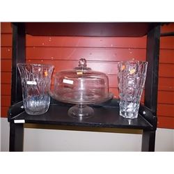GLASS VASES - 2 TTL & CAKE PLATE = 3 PC TTL