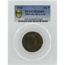 1722 Half Penny Hibernia Harp Left Copper Coin PCGS MS62BN