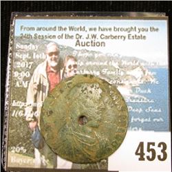 Ancient Roman Copper Coin depicting Ruler and a Bull, holed. Approximately 2,000 years old. May have