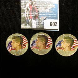 1966 P, 67 P, & 68 D 40% Silver Kennedy Half-Dollars, all three with enameled heads and flag in back