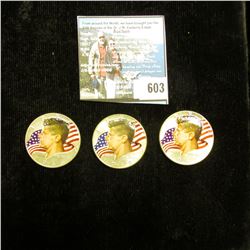 1966 P, 67 P, & 68 D 40% Silver Kennedy Half-Dollars, all three with enameled heads and flag in back
