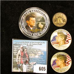 Pair of 1968 D 40% Silver Kennedy Half-Dollars, both with enameled heads and flag in background, as 